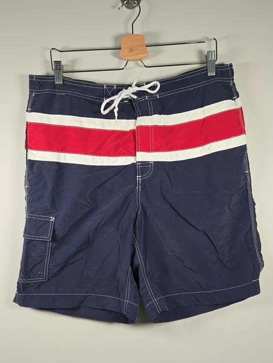 Chaps Navy Board Shorts with Red & White Stripe Band