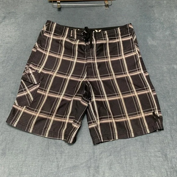 Hurley Board Shorts Mens 36W Black Plaid Comfort Cargo Pockets Logo Surfing
