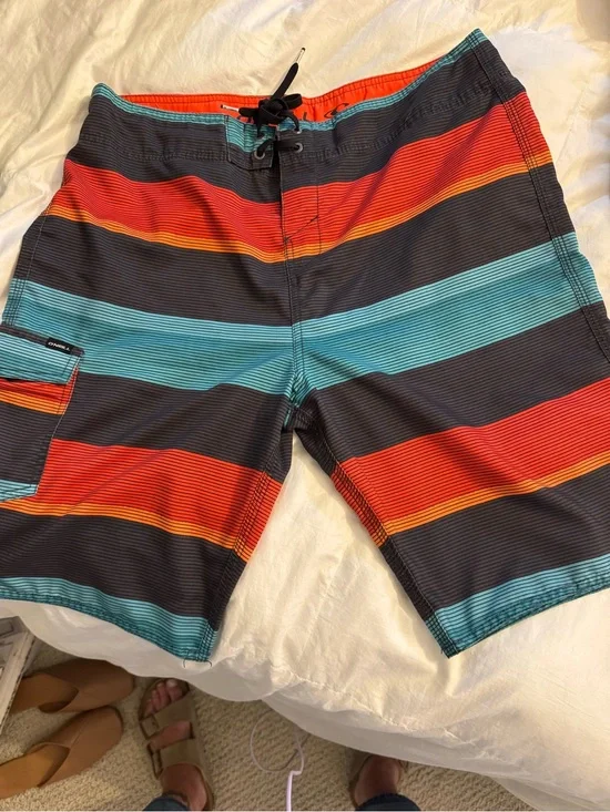 O’Neill Men's Striped Red & Teal Swim/ Board Trunks size 34 Coastal
