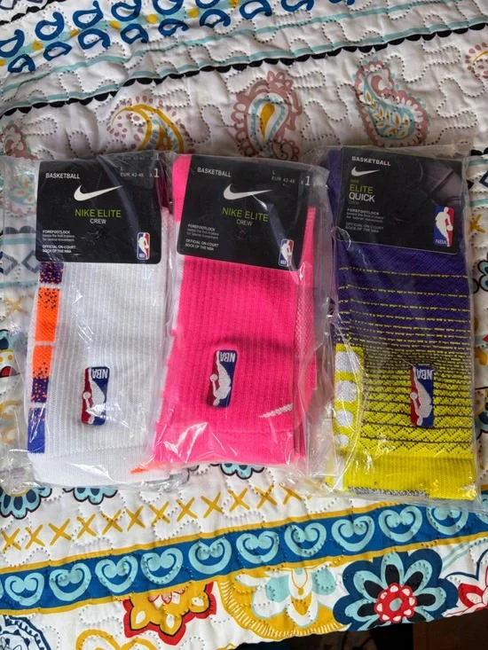 NBA Nike Elite Crew Socks - White, Pink, Yellow & Purple Accent