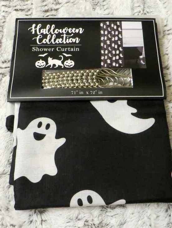 Halloween Ghost Black White Fabric Shower Curtain Set With Silver Hooks New
