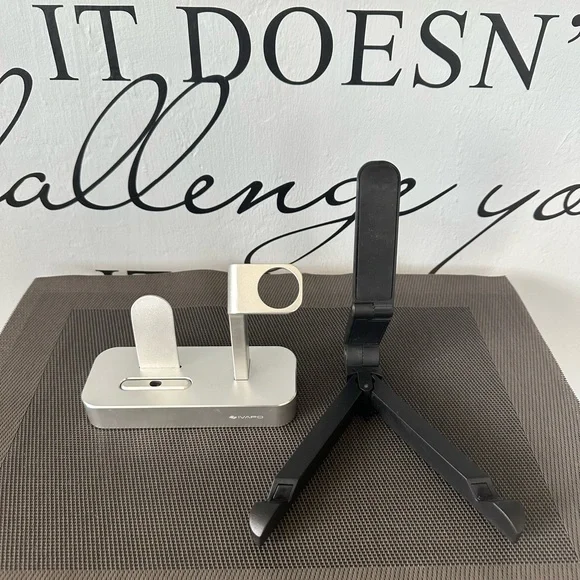 Silver Phone and Smart Watch Charger, Black Tablet Stand