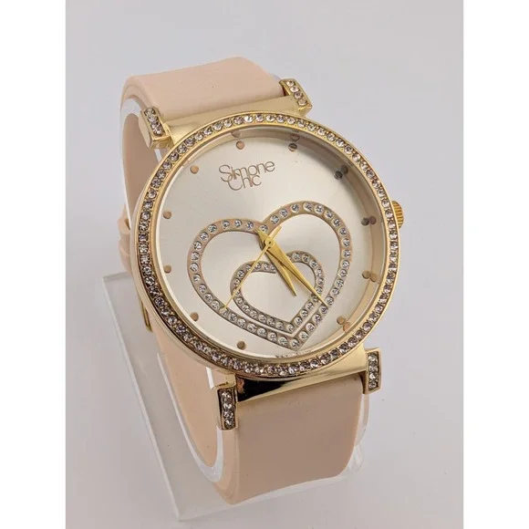 Simone Chic Watch Women 40mm Gold Case Nude Beige Silicone Band- New Battery