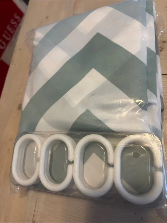 Chevron Shower Curtain with Hooks - White and Sage like new opened never used
