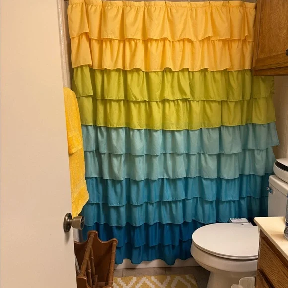 Vibrant Ruffled Shower Curtain in Yellow, Green, and Blue