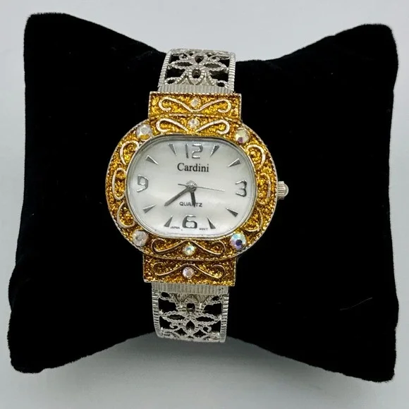 Cardini Two Tone Watch Crystal Gold‎ Silver Filigree Bangle Coquette Statement