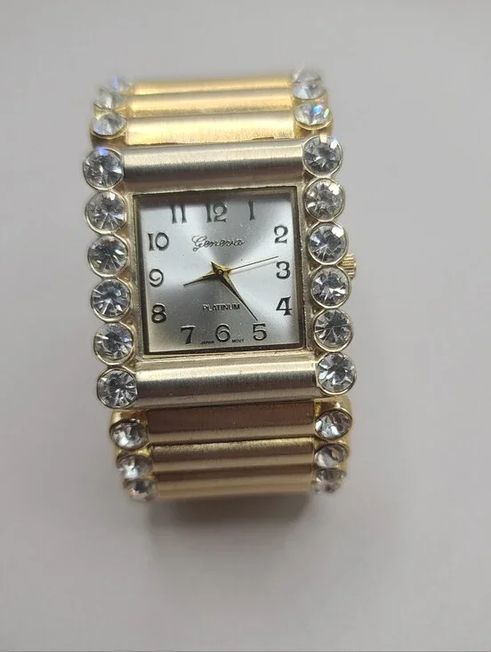 Geneva Gold Tone Rhinestone Cuff Bracelet Watch