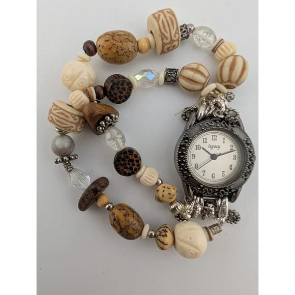 Legacy Watch Women‎ 25mm Silver Case Boho Brown Beaded Band- New Battery