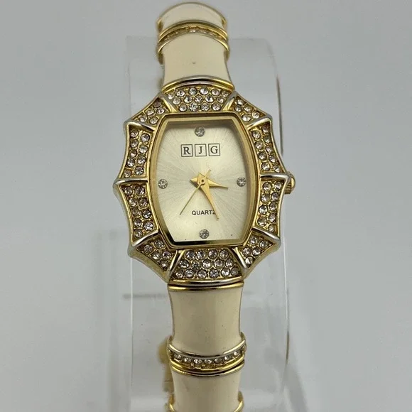 R.J. Graziano Watch Women Cream Enamel &‎ Crystals Gold Bangle- New Battery