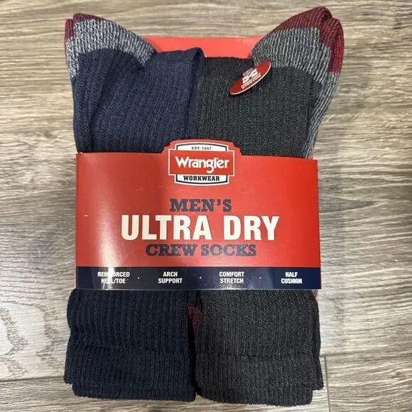 Wrangler Cushion Ultra Dry Crew Socks for Men, Size 6-12 Denim Color