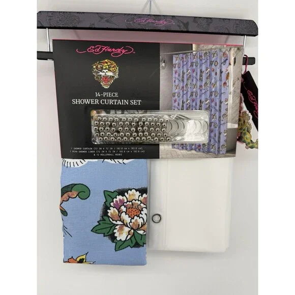 Ed Hardy Shower Curtain 14pc Set Foo Dog Birds Flowers Tiger New 72x72