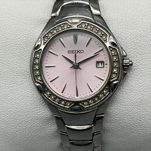 Seiko 7N82-0GG0 Womens Watch 26mm Pink Dial Crystals Stainless New Battery 6