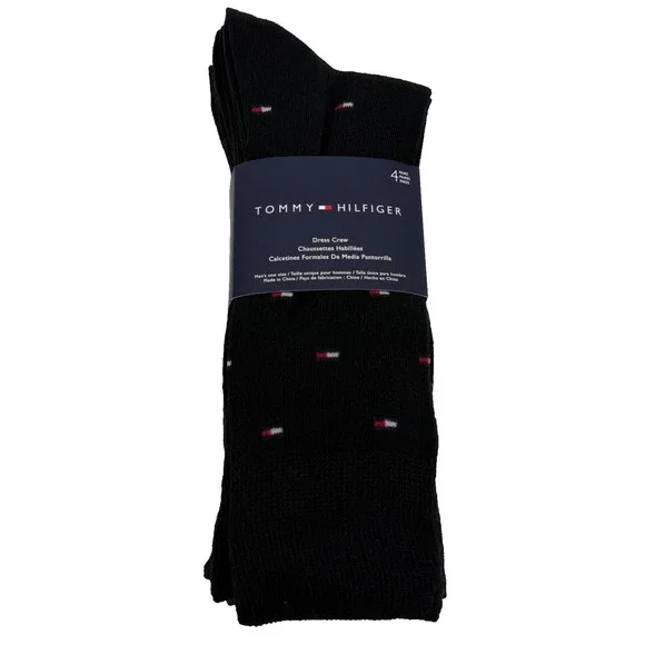 TOMMY HILFIGER Black Dress Crew Socks - 4 Pack - Flag Logo Stretch Ribbed