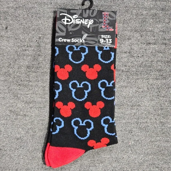 Disney Mickey Mouse Crew Socks Mens Size‎ 9-13 Black Red Blue Silhouette Pattern
