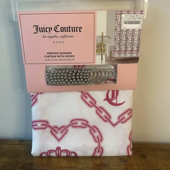 New Juicy Couture 70x72 Fabric Shower Curtain Hooks Set Pink Chain Heart White