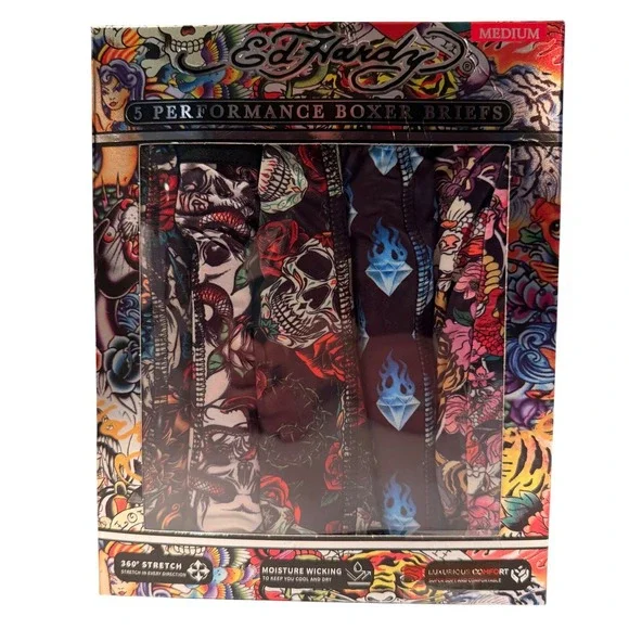 Ed Hardy NEW 5 Pack Performance Boxer‎ Briefs Skulls Dragon MED 32-34