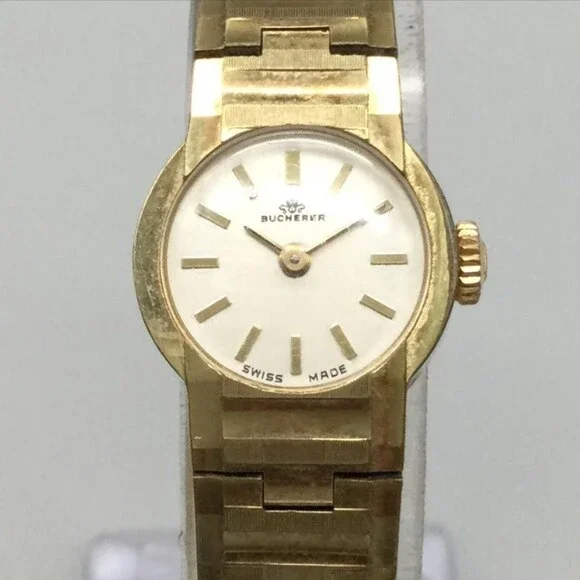 Vintage Bucherer Womens Watch 18mm White Dial Gold Tone Manual Wind Swiss 7.25