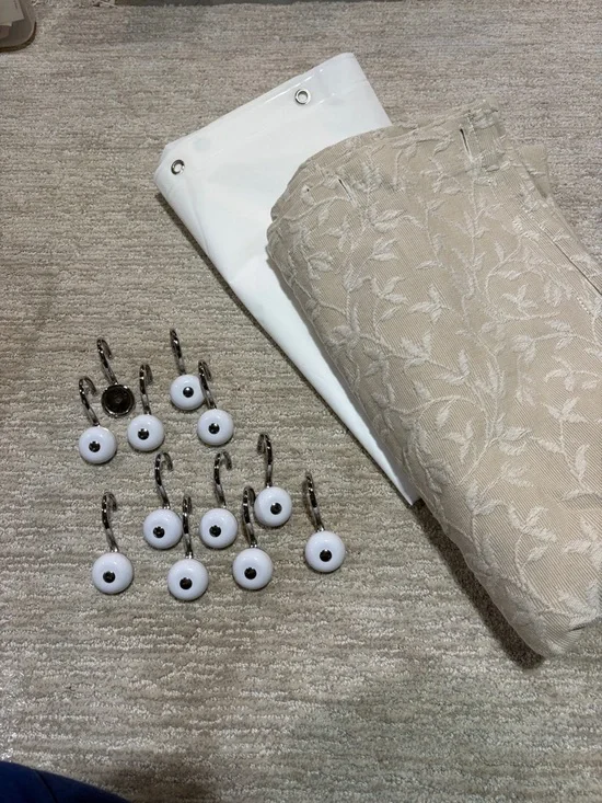Cream Jacquard Floral Fabric Shower Curtain 74”H x 72” W, Liner & Hooks