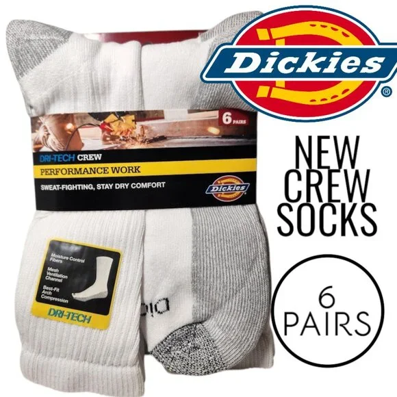 NEW Dickies Men's Dri-Tech Moisture Control Crew Socks 6 Pack Size XL White Soft