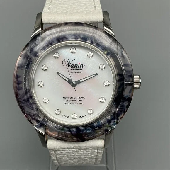 Vania Womens Watch 39mm White Mother Of Pearl Swarovski Dial Leather New Battery