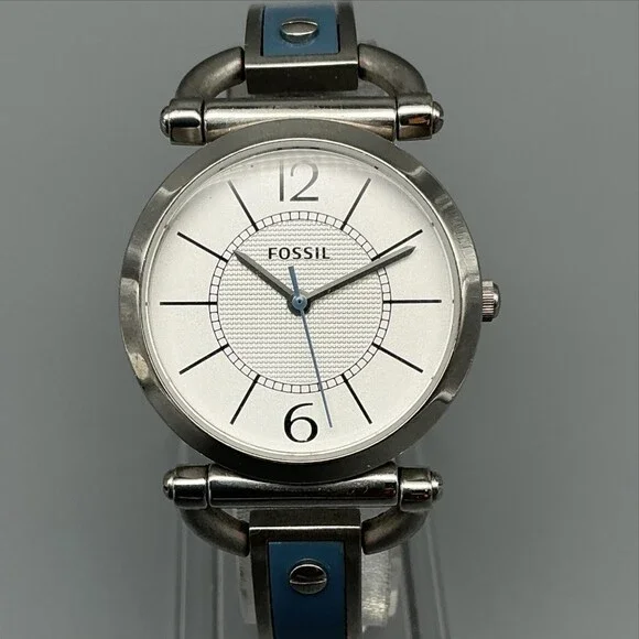 Fossil ES-2471 Womens Watch 30mm Silver Tone Blue Inlay Bangle New Battery 6.5