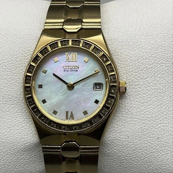 Citizen Eco-Drive Womens Watch 24mm Gold Tone E010-S008646 MOP Crystals 6