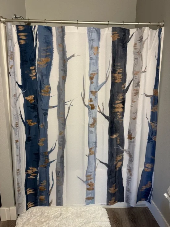 Laurel Home Designer Birch Forest Shower Curtain in Navy, Gray & Gold