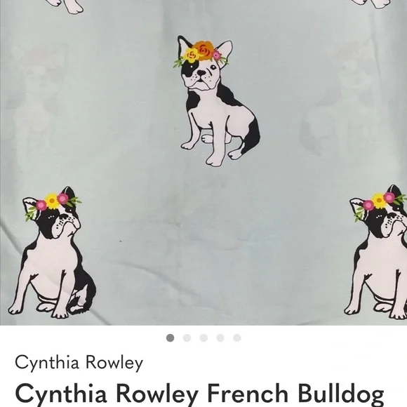 Cynthia Rowley Light Blue Shower Curtain with Floral French Bulldog Motif