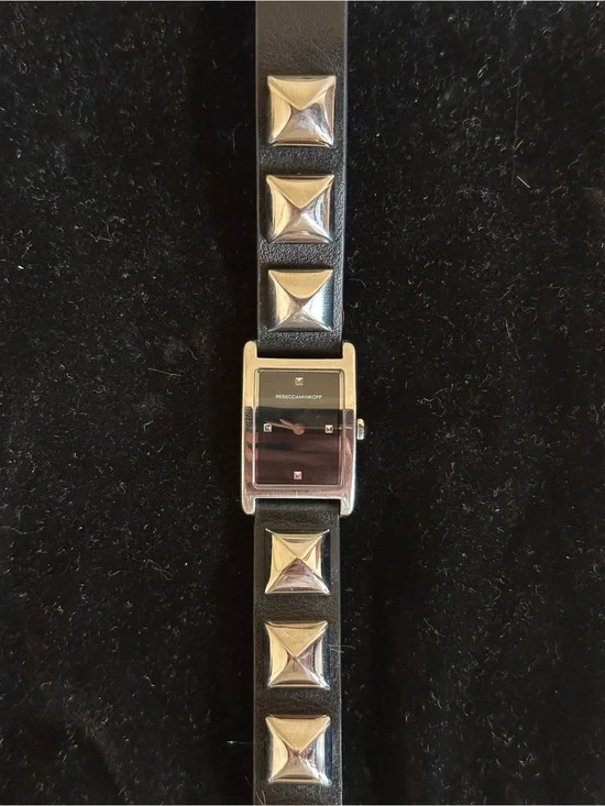 Rebecca Minkoff Black Leather Studded Square Dial Moment Watch w Silver Accents