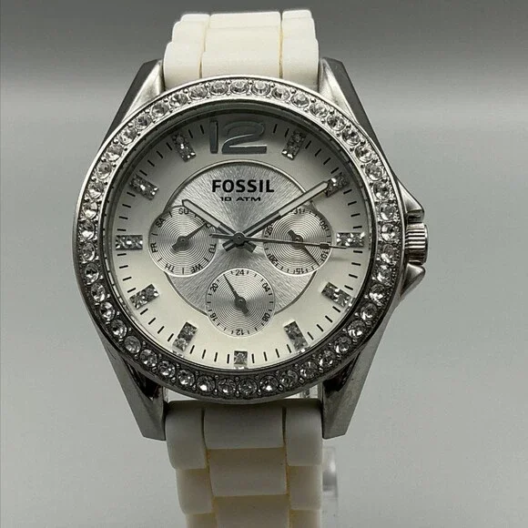 Fossil Womens Watch 38mm White Dial Silicone Crystal Bezel Multi Dial ES3244