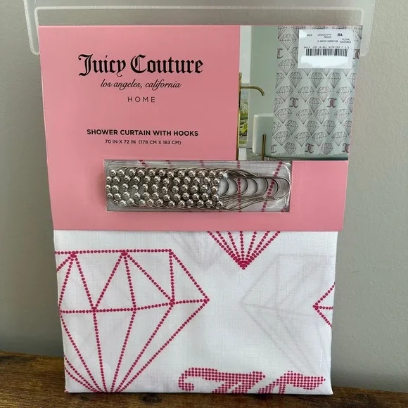New Juicy Couture White Pink Diamonds JC Fabric Shower Curtain Hooks Set 70x72