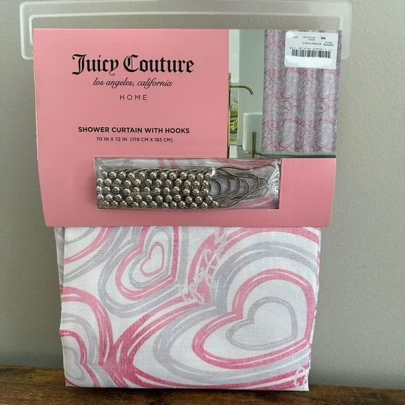 New Juicy Couture White Purple Pink Hearts Fabric Shower Curtain Hooks Set 70x72