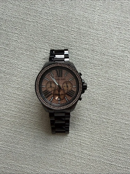 Michael Kors Black Bracelet Watch with Rose-Tone Dial and Crystal Bezel