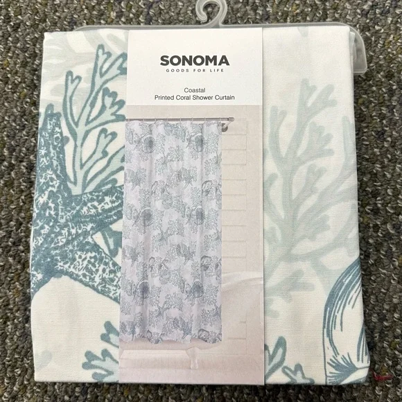Sonoma Aqua and White Coastal Coral Shower Curtain