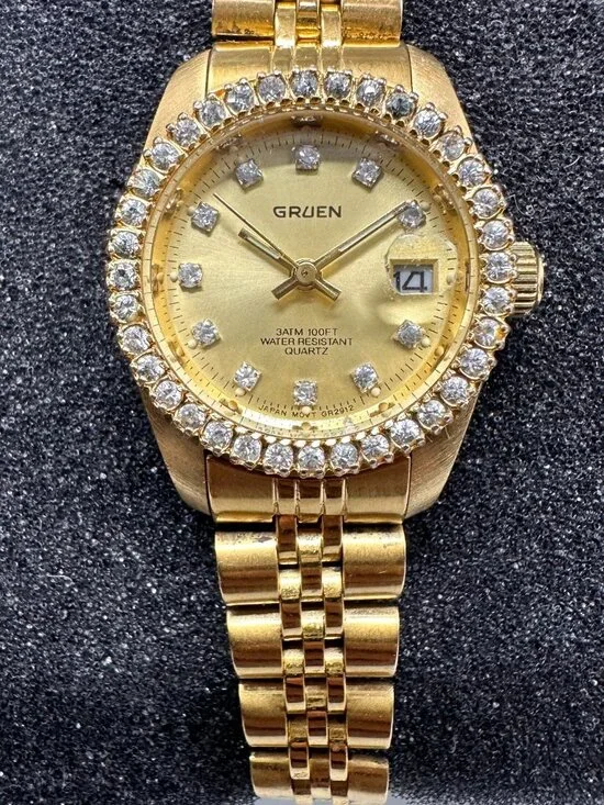 Gruen Watch Women Gold Tone Crystal Bezel Not Working Selling AS IS 7.25