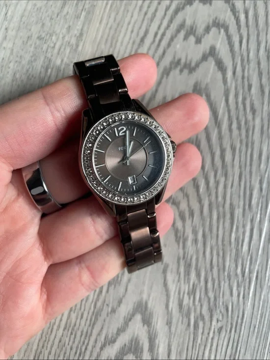 Fossil Brown Metal Bracelet Watch with Crystal Bezel