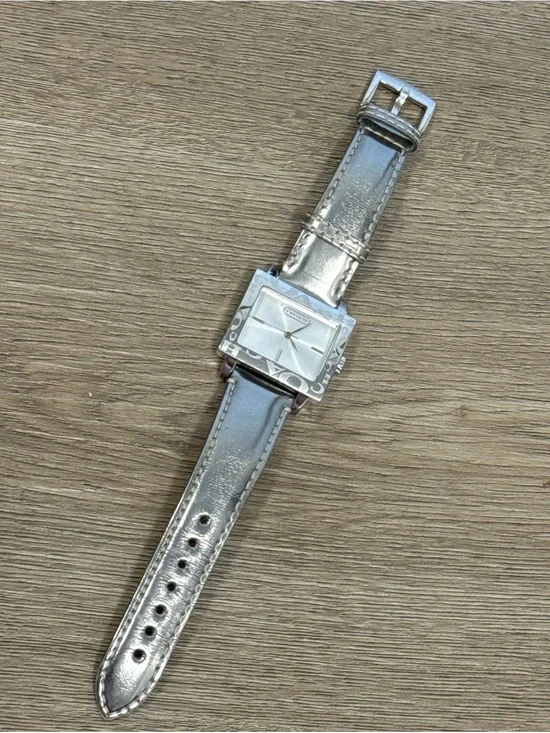Coach Silver-Tone Square Dial Leather Strap Watch