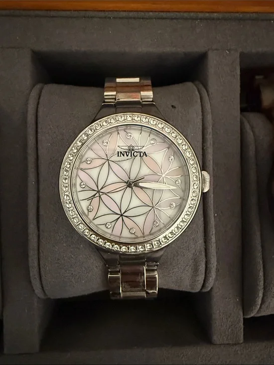 Invicta Silver-Tone Women's Watch with Pink Mother-of-Pearl Floral Dial