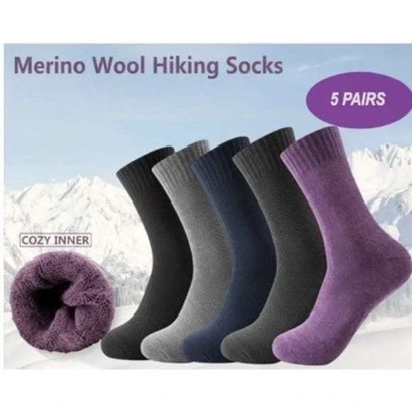 Unisex Merino Wool Thick Soft Winter Hiking Mid Crew Socks LARGE Multi Color 5pk