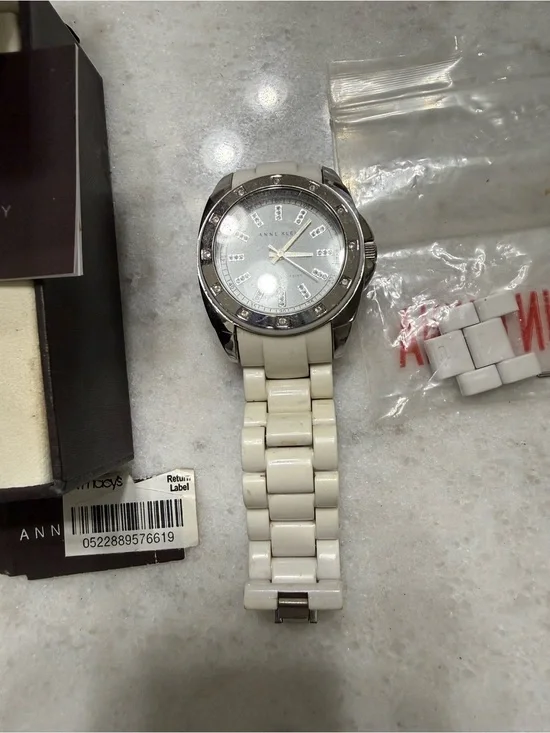 Anne Klein White Ceramic Bracelet Watch with Crystal Markers