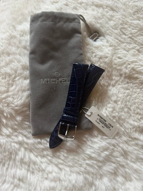Michele Navy Croc-Embossed Patent Leather Watch Strap with Silver Buckle