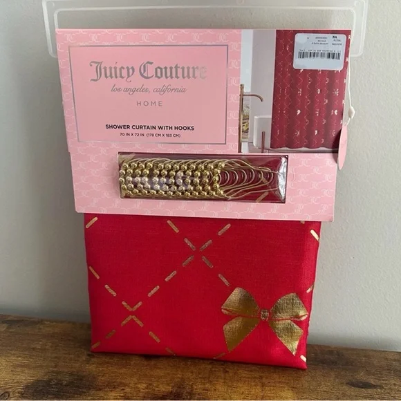 New Juicy Couture Christmas Red Gold Snow JC Fabric Shower Curtain Hooks 70x72