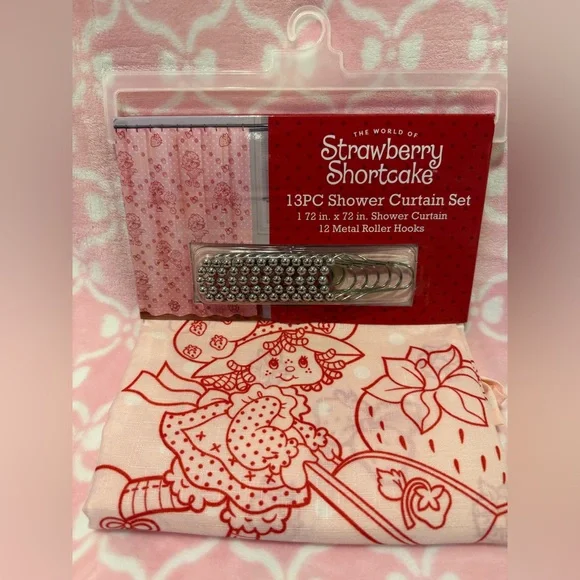 Strawberry Shortcake Pink Shower Curtain Set with Metal Roller Hooks