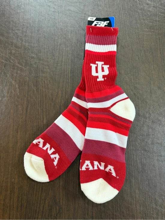 FBF Indiana University Red & White Striped Crew Socks Sz  L NWT