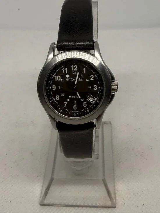 Columbia Women's Silver-Tone Black Dial Arabic Numeral Date Leather Watch WR100M