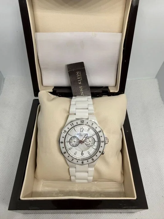 Anne Klein 12/1979WMWB Women's 40mm White Ceramic MOP Dial Swiss Quartz Watch