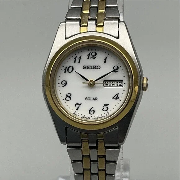 Seiko Solar Womens Watch 25mm V138-0AA0 Two Tone Day Date Bracelet 6.5