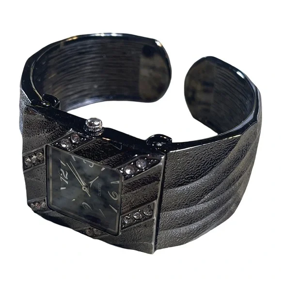 Elegant Black & Silver Rhinestone Cuff Bangle Watch | Japan Movt