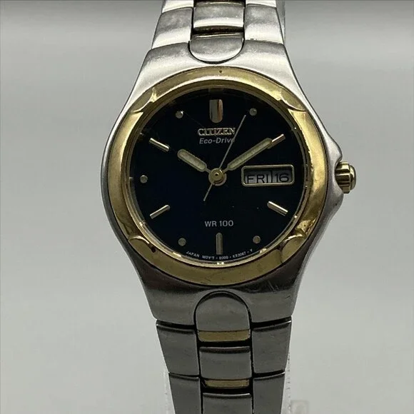 Citizen Eco-Drive WR 100 Womens Watch 25mm Black Dial Silver Gold Two Tone 6.75