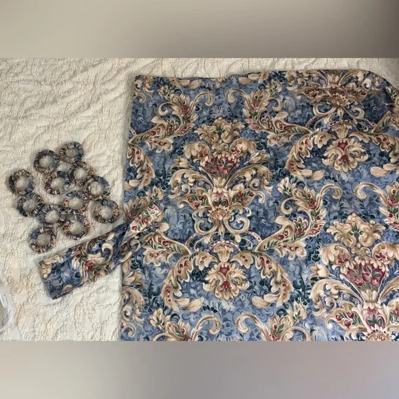Elegant Blue and Gold Tapestry Fabric Shower Curtain, tie back, fabric rings.